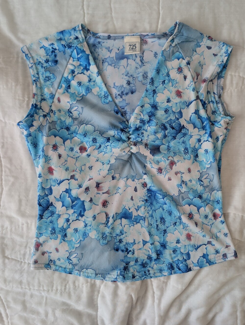 Y2K Blue Floral V-Neck Twist Tank Top by 725